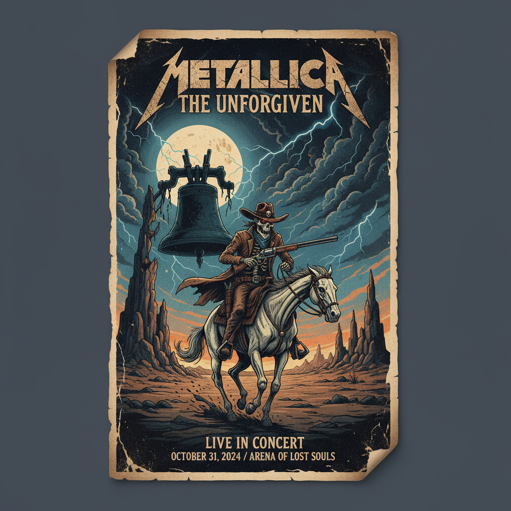 Metallica Unforgiven concert poster featuring skeleton cowboy artwork with dramatic lighting