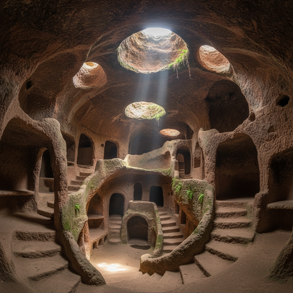 Underground cave dwelling carved into soft volcanic rock in Cappadocia