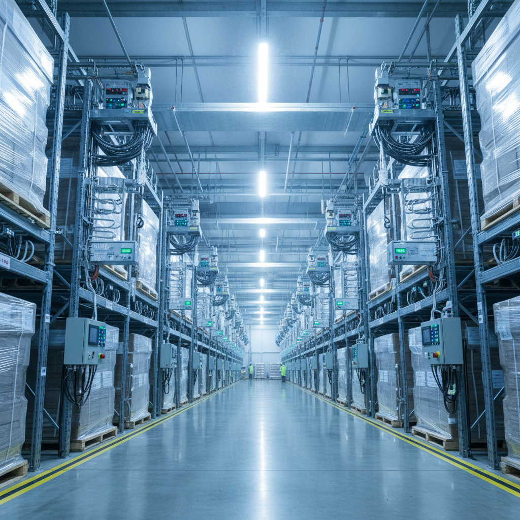 Industrial cold storage facility with refrigeration rack systems and monitoring equipment