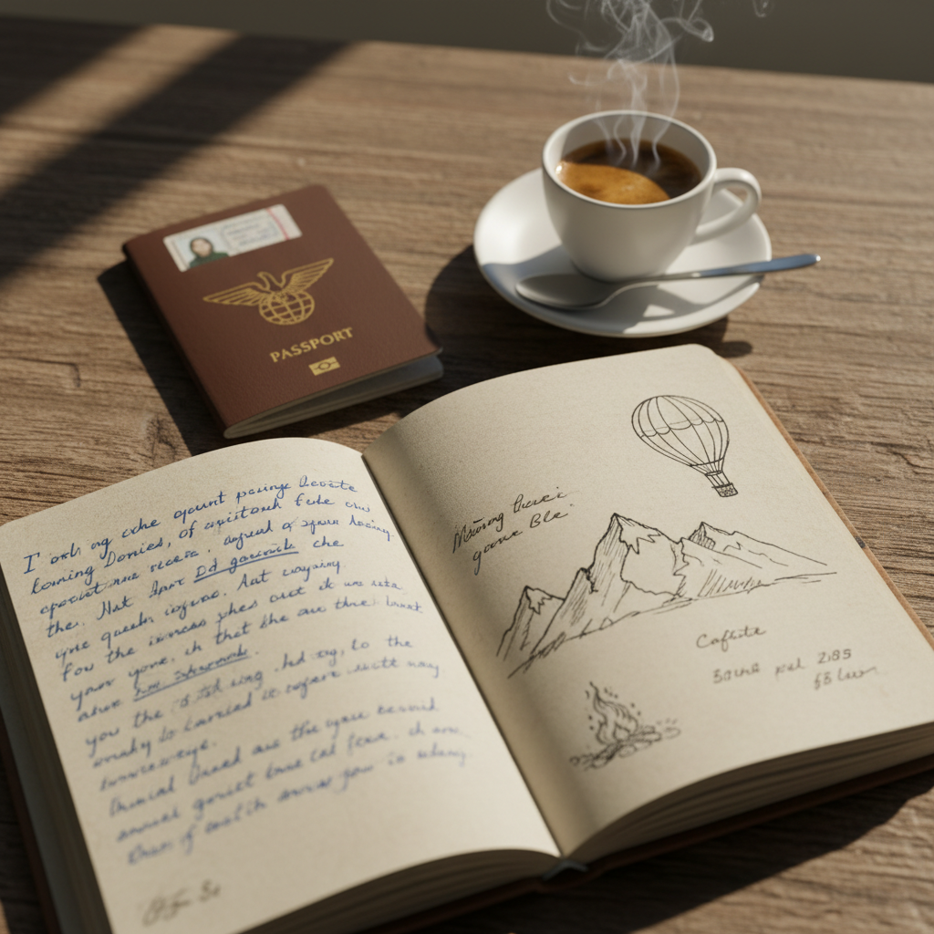Passport and handwritten travel journal open on a wooden table beside a small cup of espresso in a European café