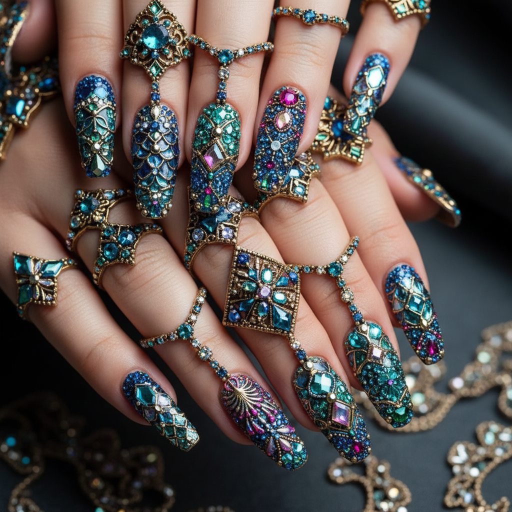 Intricate hand-painted nail art with floral designs and gold foil accents, macro photography of finished nails