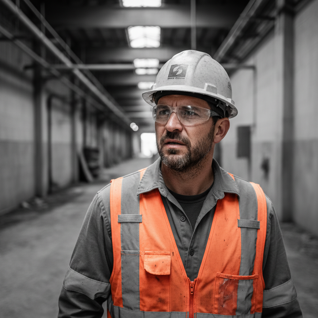 Domingo Santos, site supervisor in work gear, black and white portrait, man in his 30s with safety vest in an industrial corridor