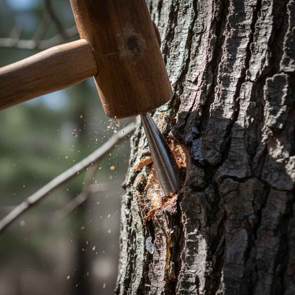 Close-up of a metal spile being driven into a maple tree trunk with a wooden mallet, bark texture visible