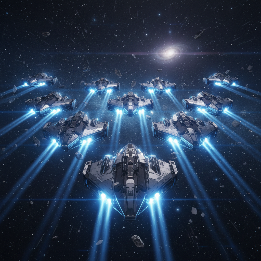 Vast imperial fleet of warships in deep space, dark atmospheric lighting, enormous capital ships, military fleet formation, dim steel-blue environment, shadowed hulls