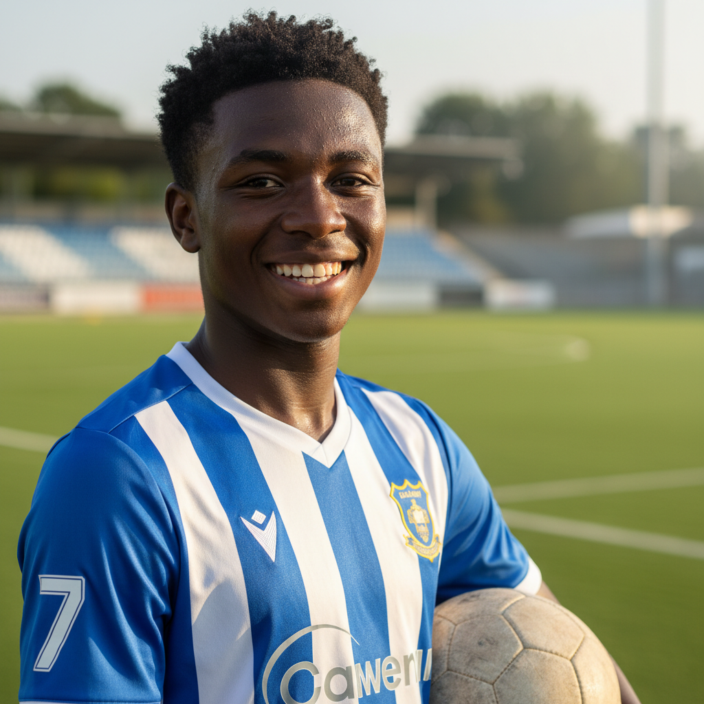 Young Black male soccer player Jordan Okafor smiling in academy kit