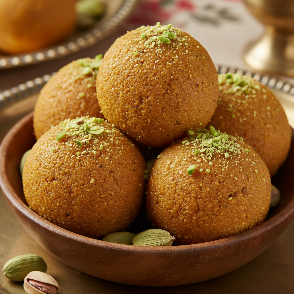 Round golden besan ladoo sweets dusted with cardamom powder in a small clay bowl in warm light