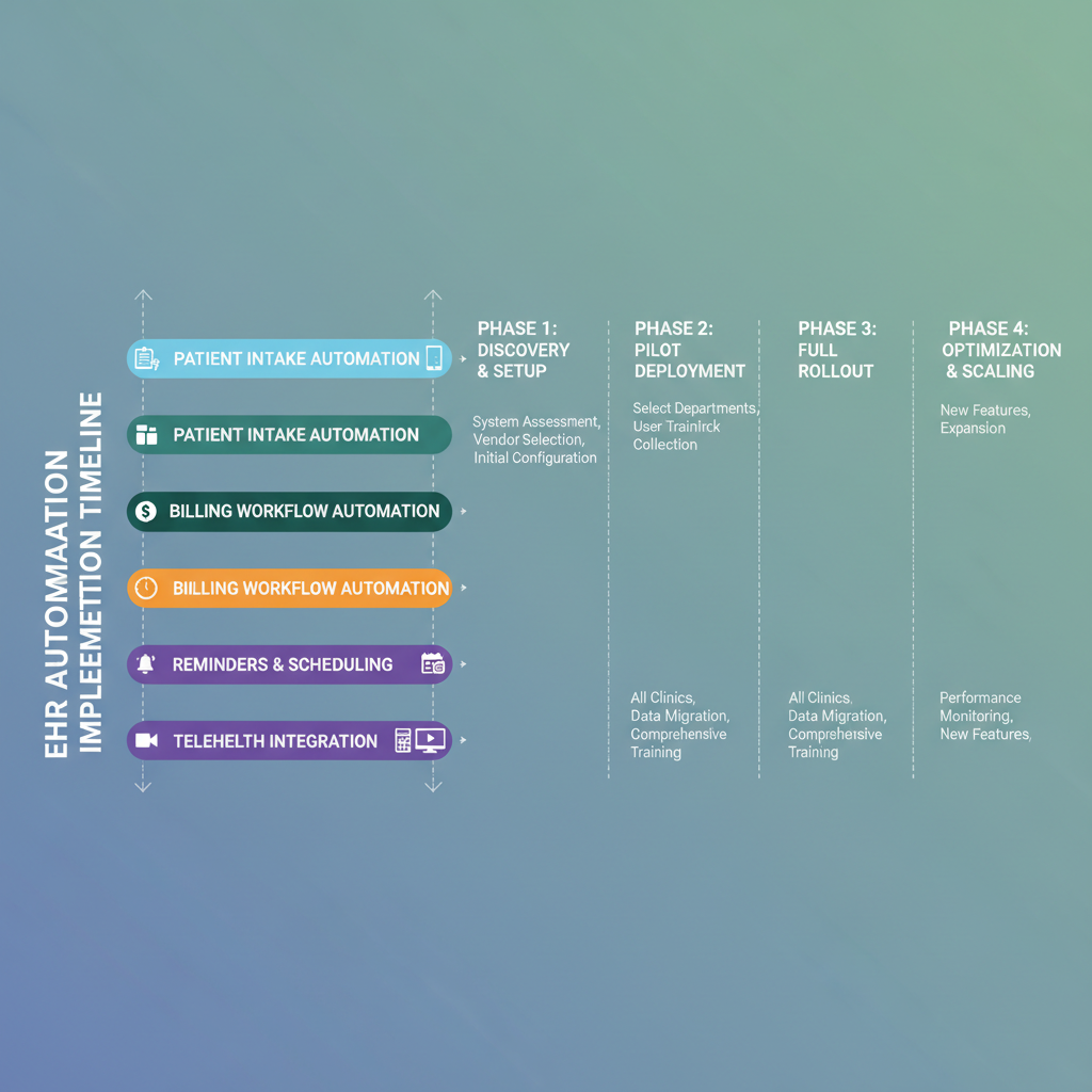 EHR automation implementation timeline showing phased deployment of patient intake, billing, reminders, and telehealth workflows