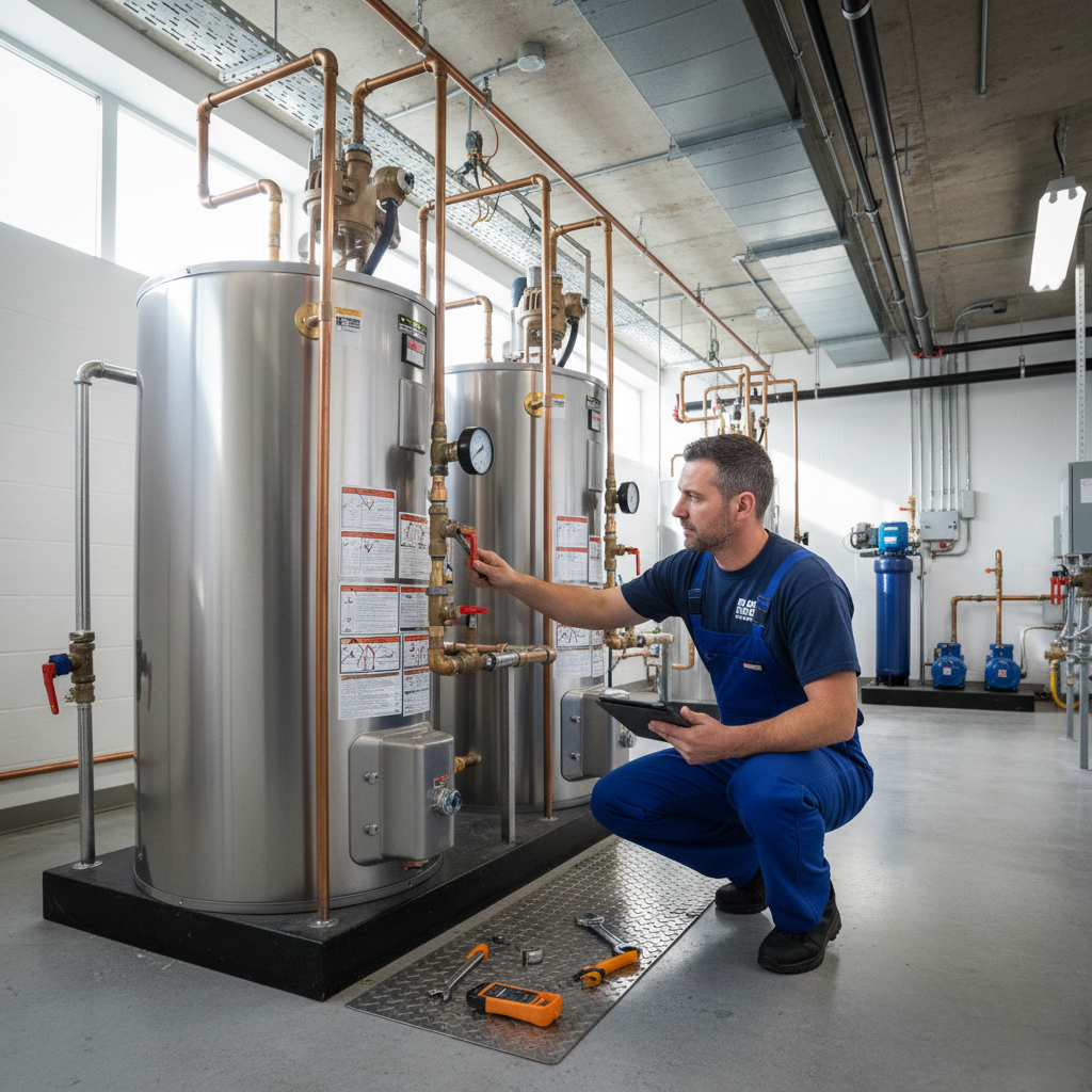 Plumber performing scheduled inspection on commercial water heater system