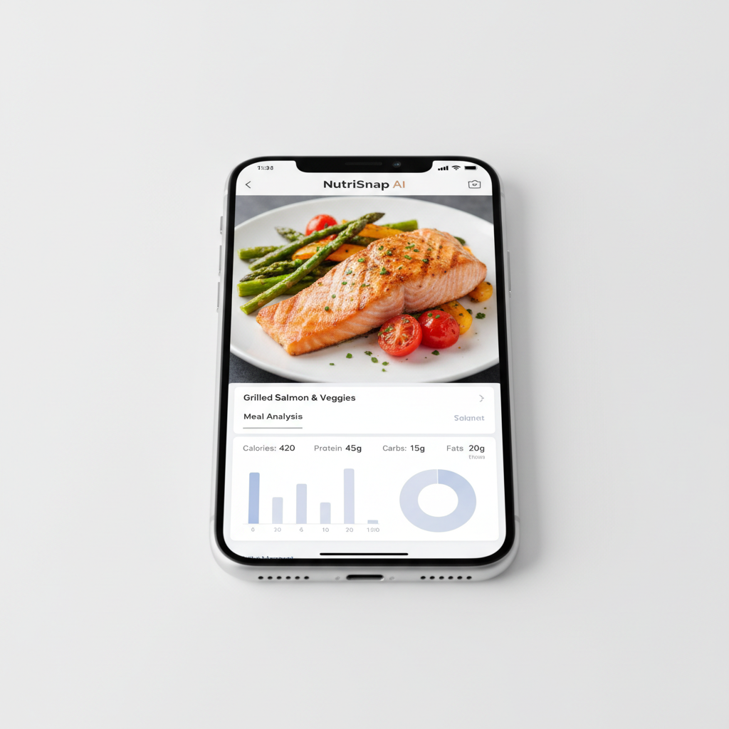 Food photography with AI overlay — bright kitchen with colorful ingredients and a smartphone scanning a dish