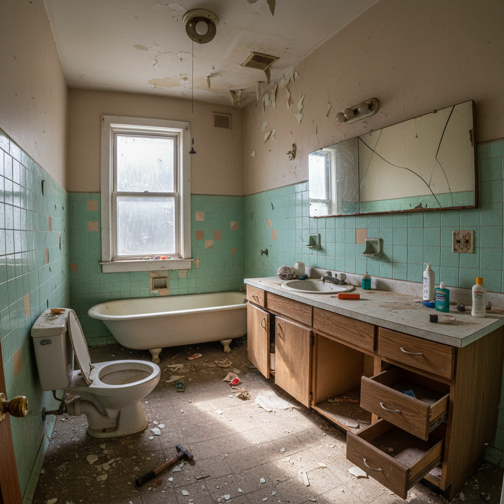 Rental bathroom with worn fixtures, chipped tile, and outdated vanity
