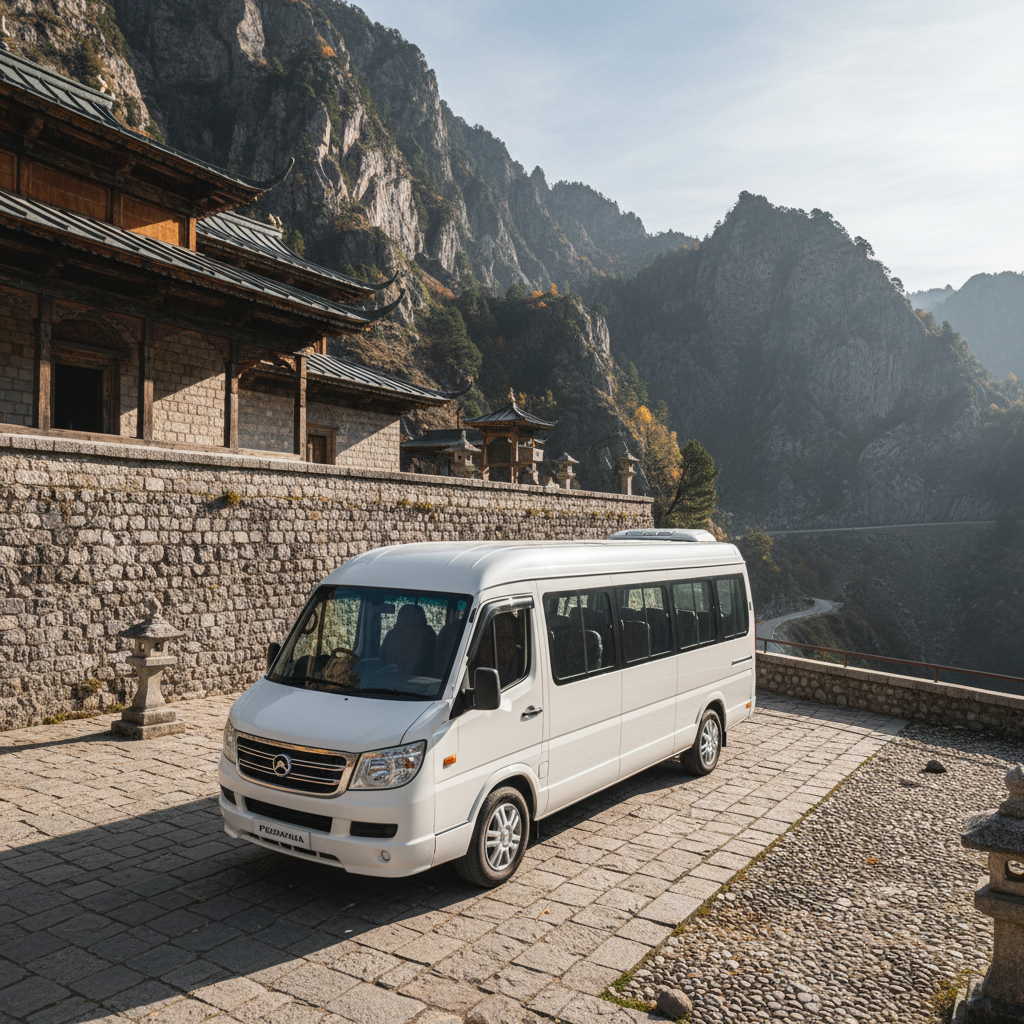 White Force Urbania premium van with panoramic windows at mountain temple parking