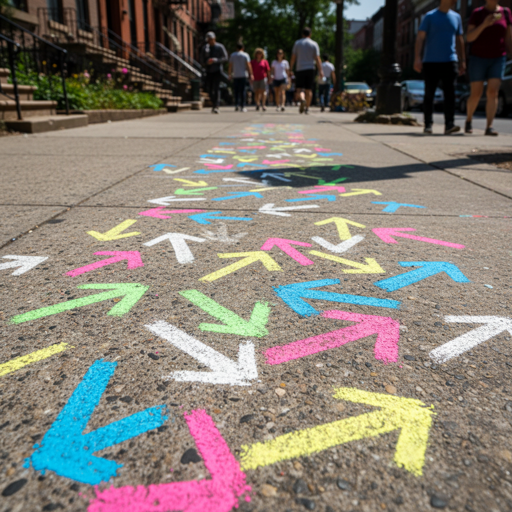 Wide shot of chalk arrow stencils covering a Brooklyn sidewalk in white and neon colors pointing toward a destination