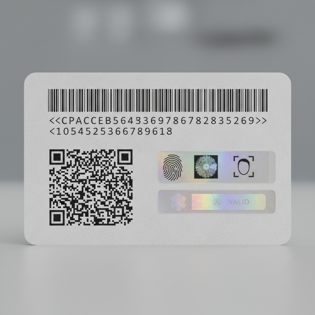 Close-up of secure ID card with embedded chip and holographic security features