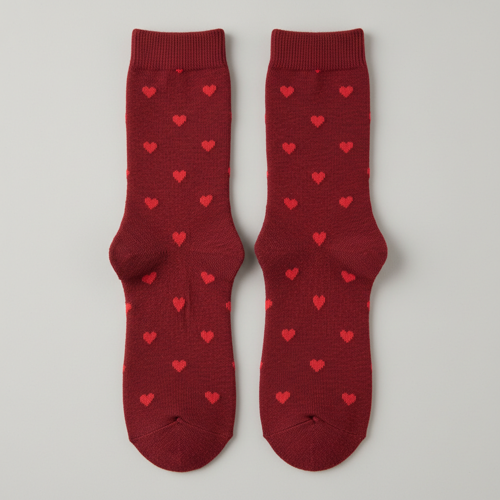 Plain red heart-print socks on a plain background — generic Valentine gift
