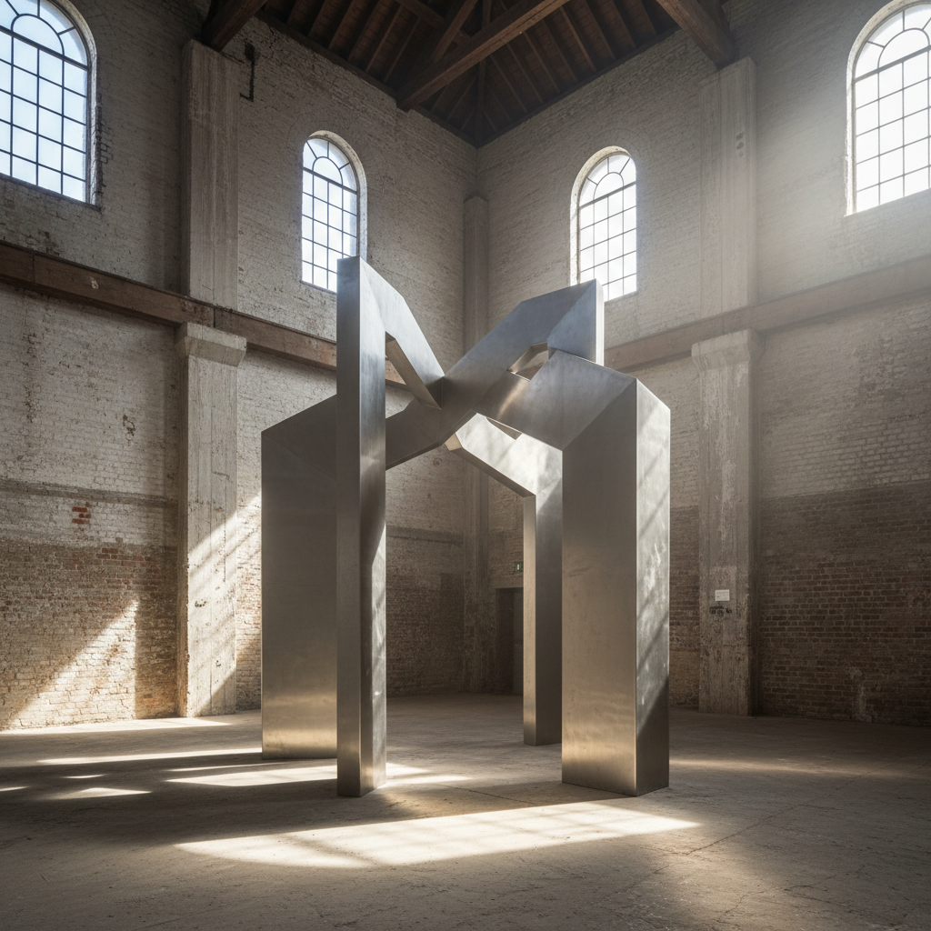 Threshold steel sculpture in converted mill space, natural light from high windows