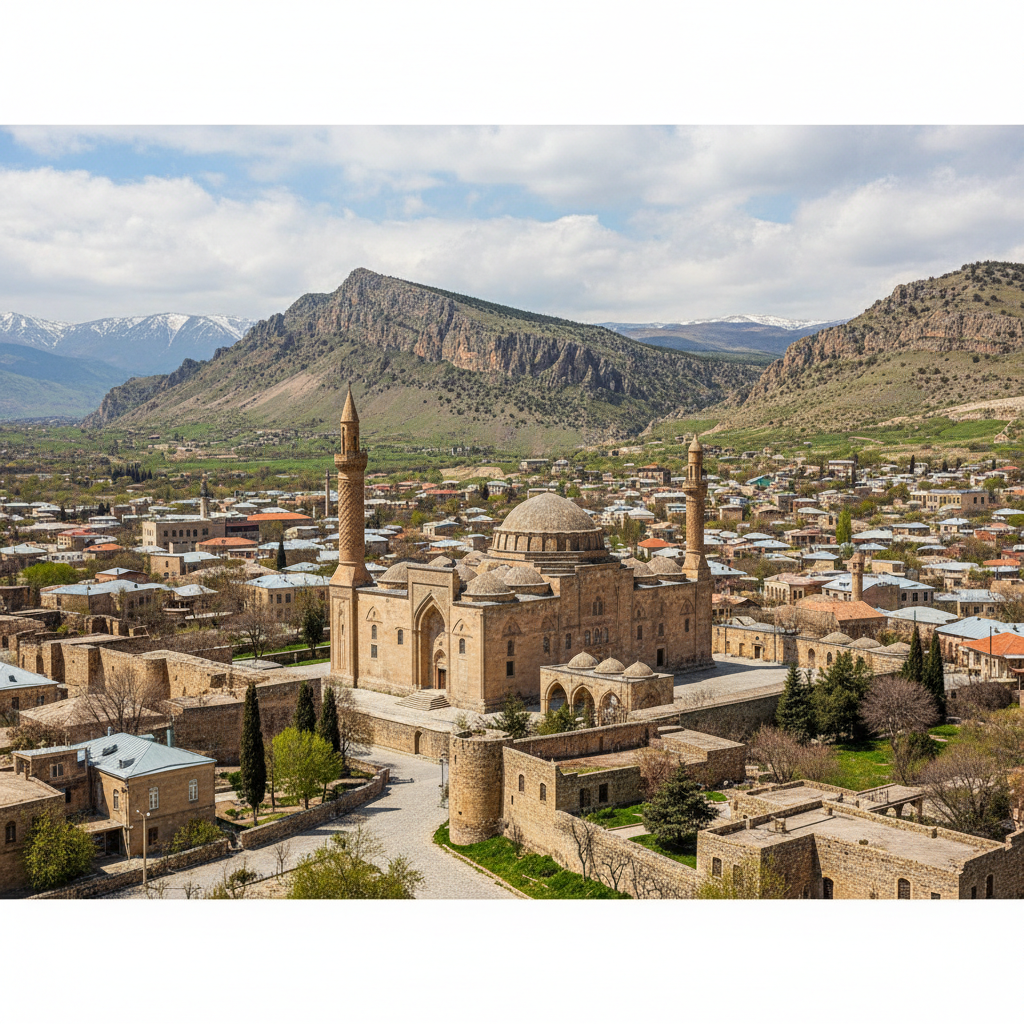 Shamakhi ancient city in Azerbaijan with historic Juma Mosque and mountain views