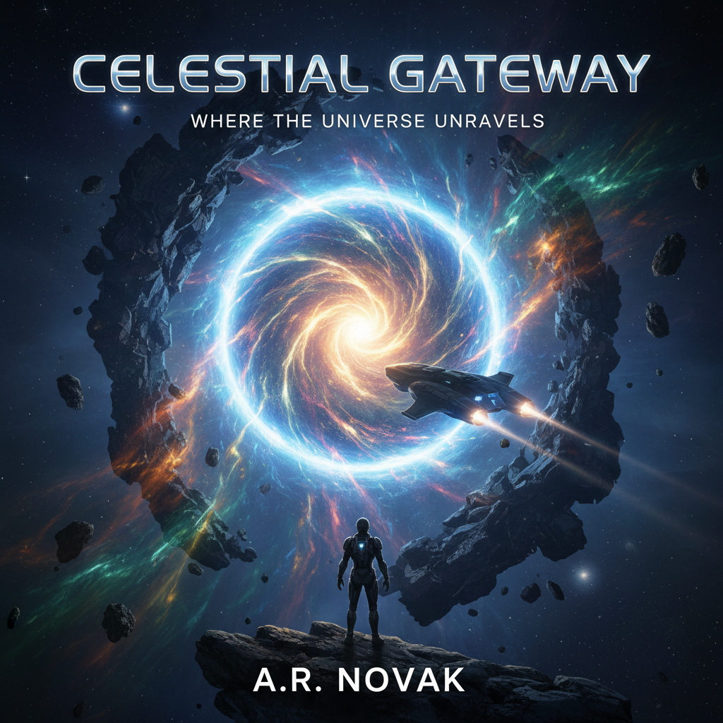 Glowing cosmic portal with urgent energy radiating golden light in dark space