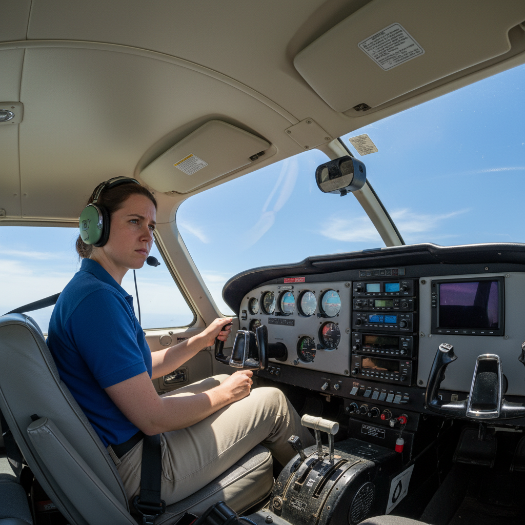 Renée Fontaine, private pilot certificate holder, in the cockpit of a Cessna 172 with a clear blue sky visible through the windshield