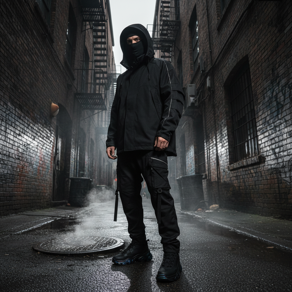 Streetwear model in black urban environment, graffiti walls, night scene, dramatic side lighting, deep contrast