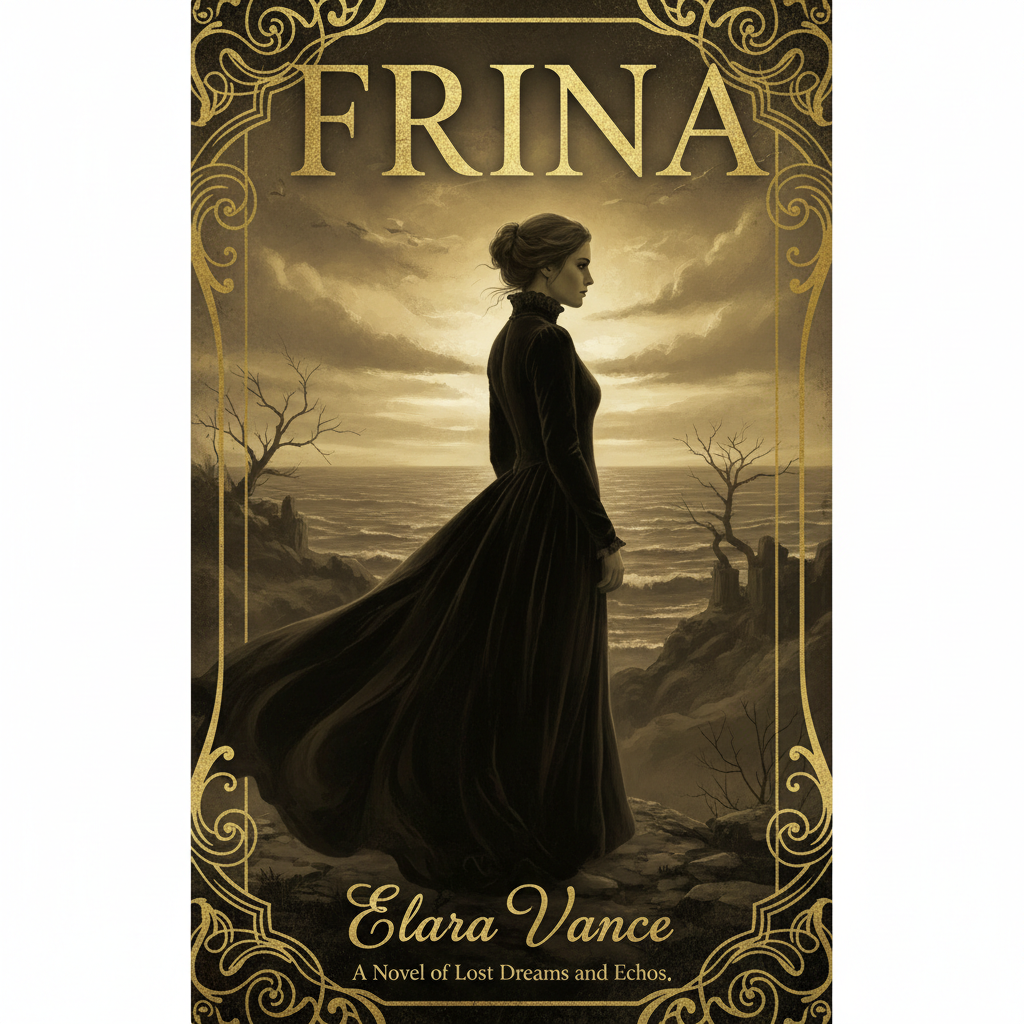 Couverture du roman Frina — femme en robe sombre regardant au loin, atmosphère dramatique et mélancolique, tons sépia et or