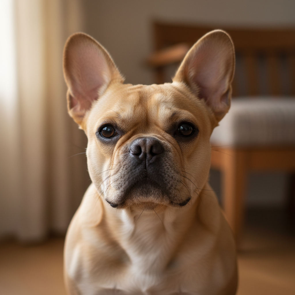 French Bulldog puppy with bat ears perked up outdoors
