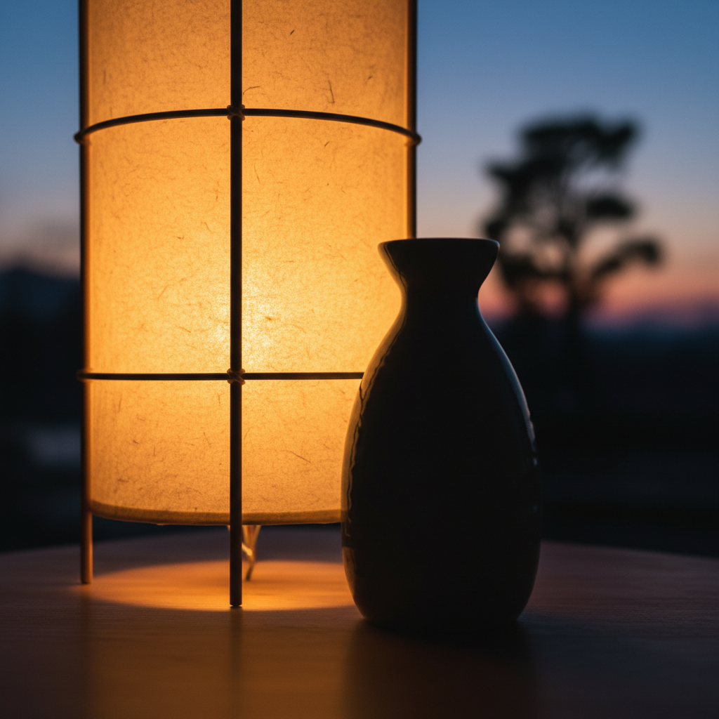 A single tokkuri sake flask silhouetted against a warm glowing paper lantern at dusk