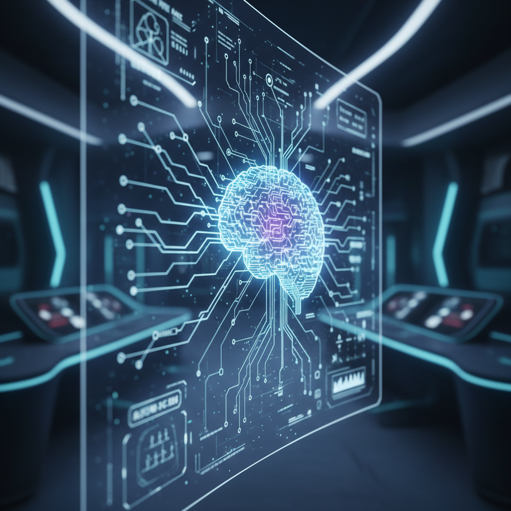Futuristic neural interface dashboard with glowing blue circuit patterns on dark background, deep shadows, atmospheric technology lighting