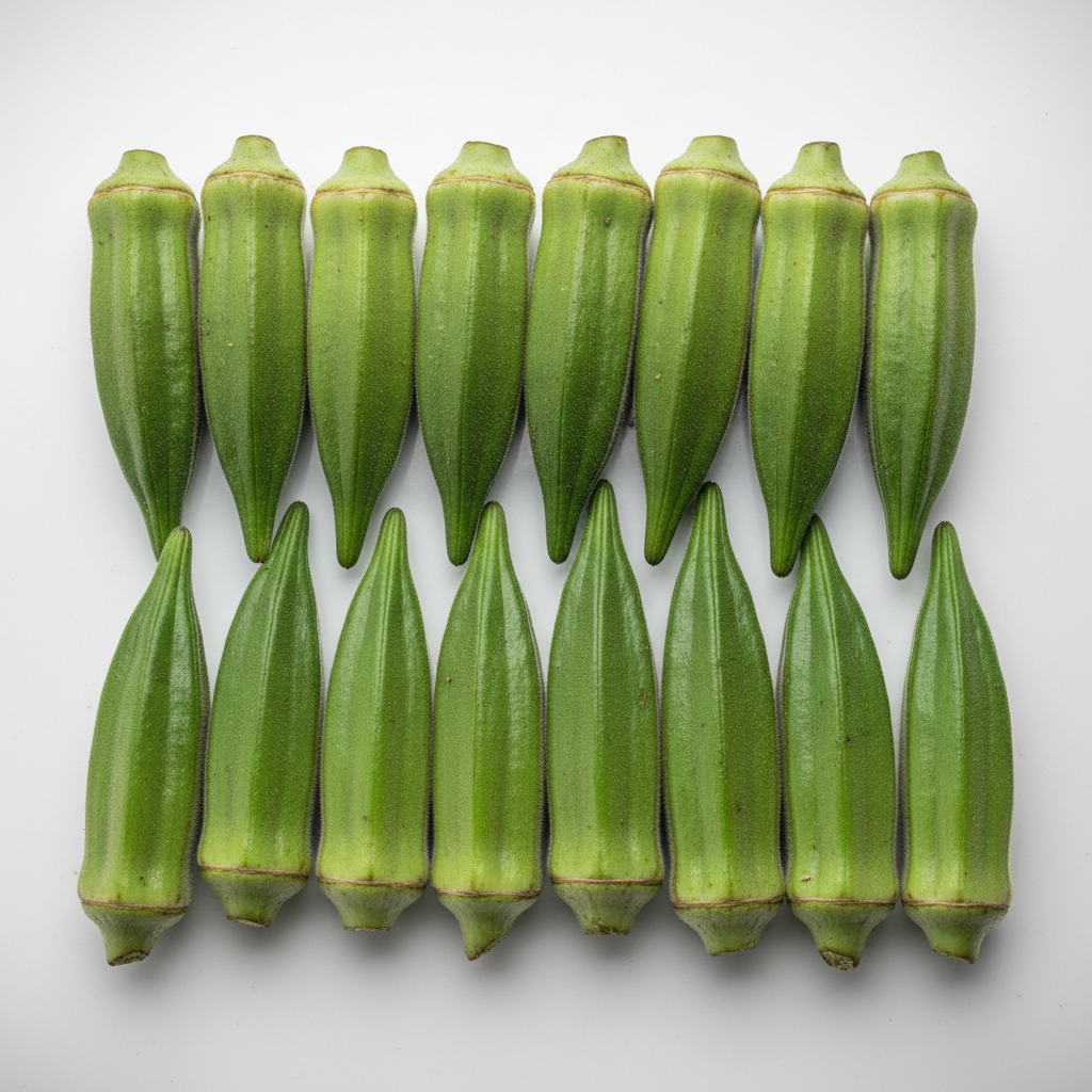 Fresh green okra pods arranged diagonally showing vivid green color and firm texture, white background bright lighting