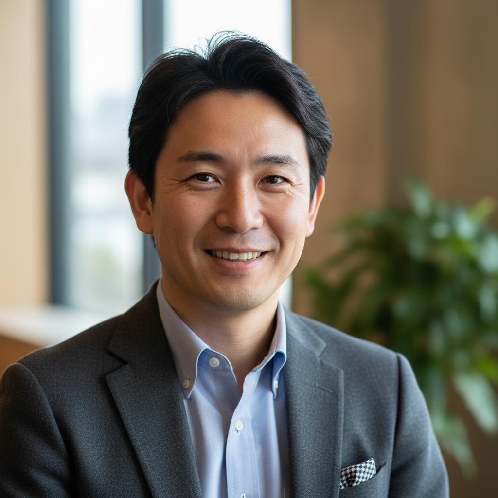 Japanese man in modern casual business attire with friendly expression in minimalist office