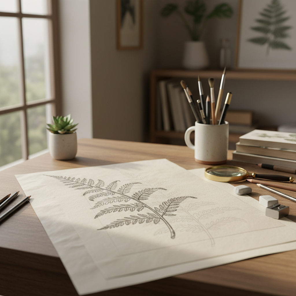 Pencil sketch of botanical fern on tracing paper, studio desk