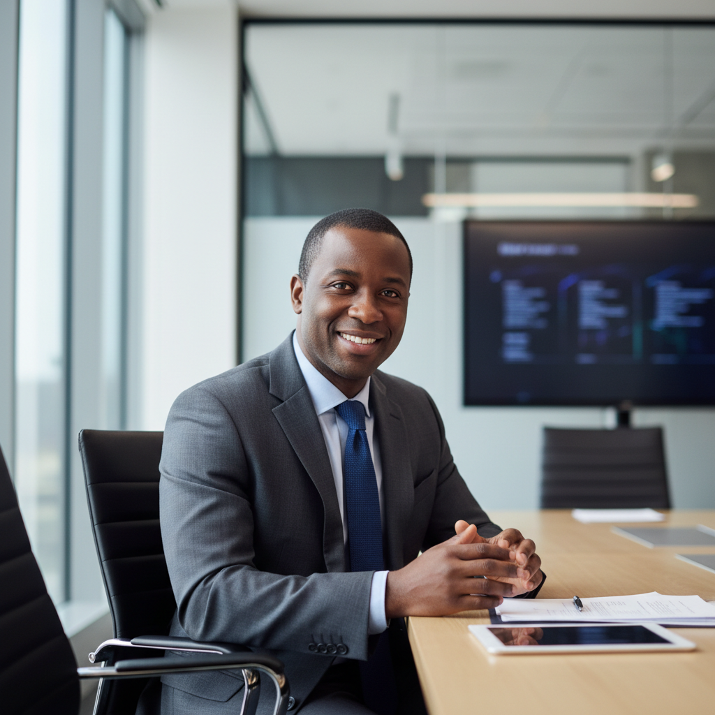 African American man in charcoal suit with warm smile in contemporary corporate office setting