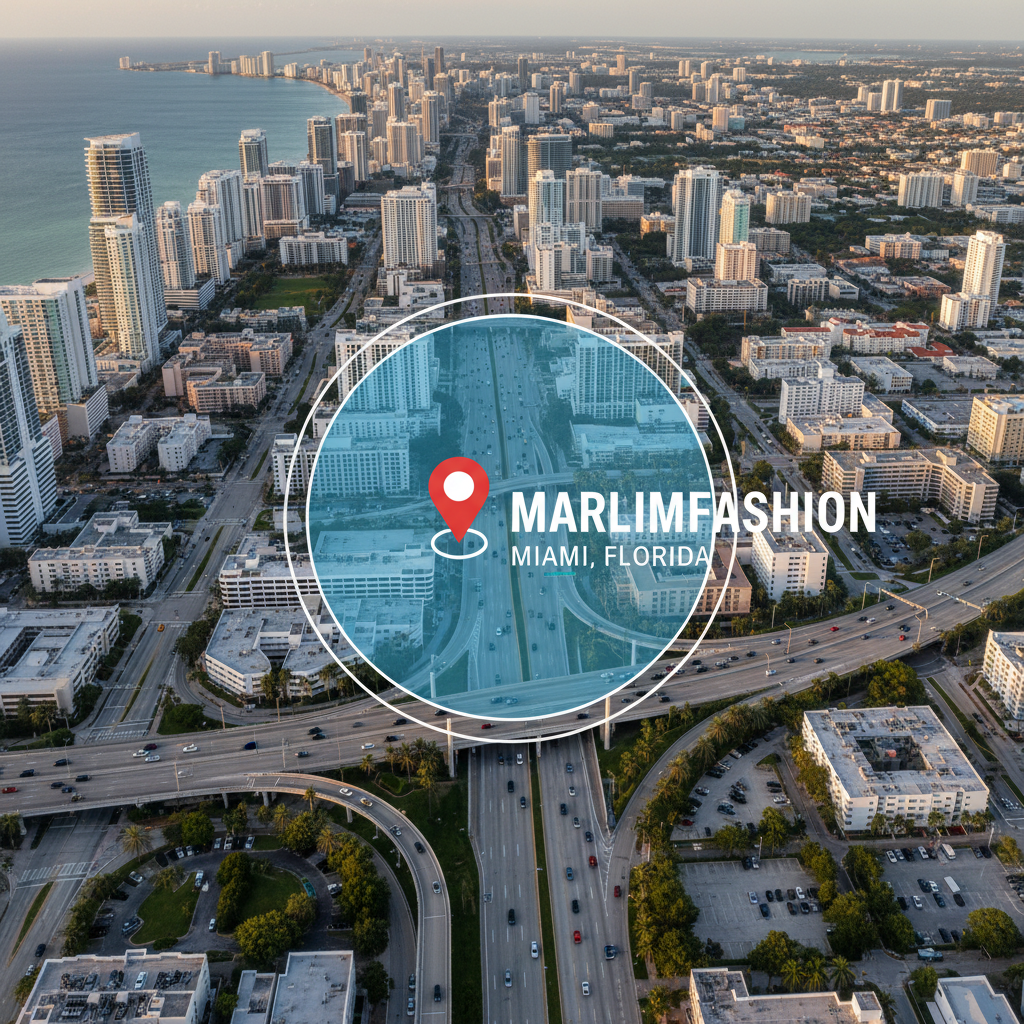 Vista aérea de ciudad con calles y edificios, mapa de ubicación de MARLIMFASHION en Miami