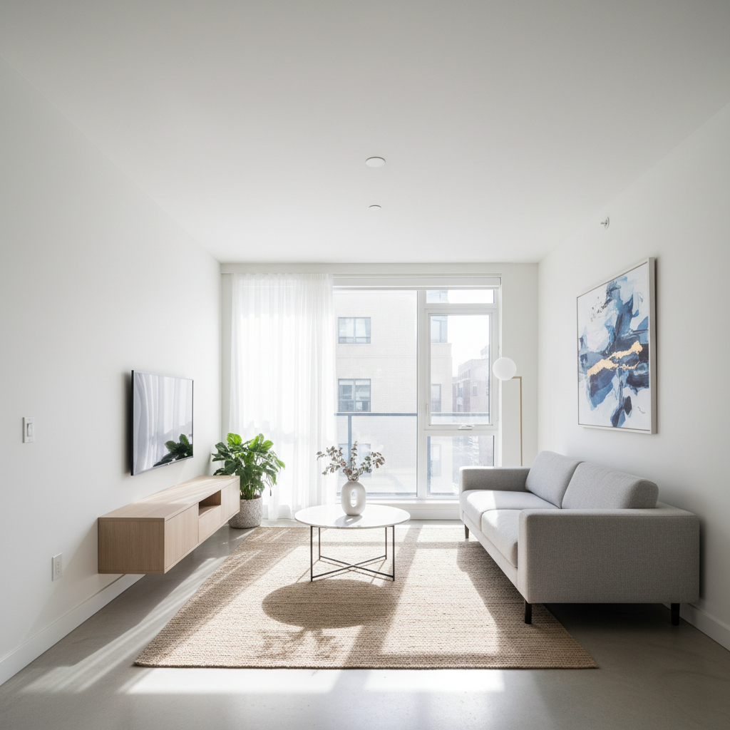 Bright modern apartment living room with hardwood floors and large windows