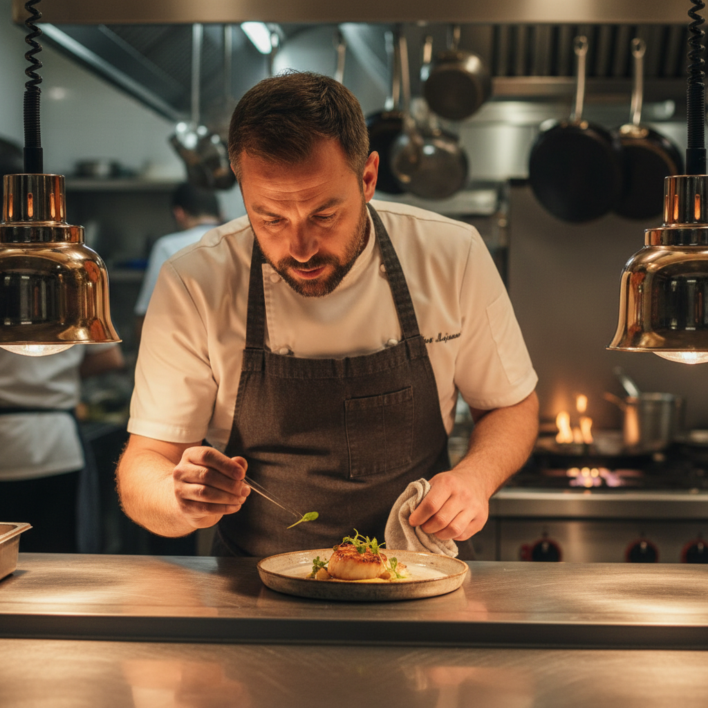 Male chef in dark kitchen apron reviewing a dish on a pass, commercial kitchen in background with warm lighting