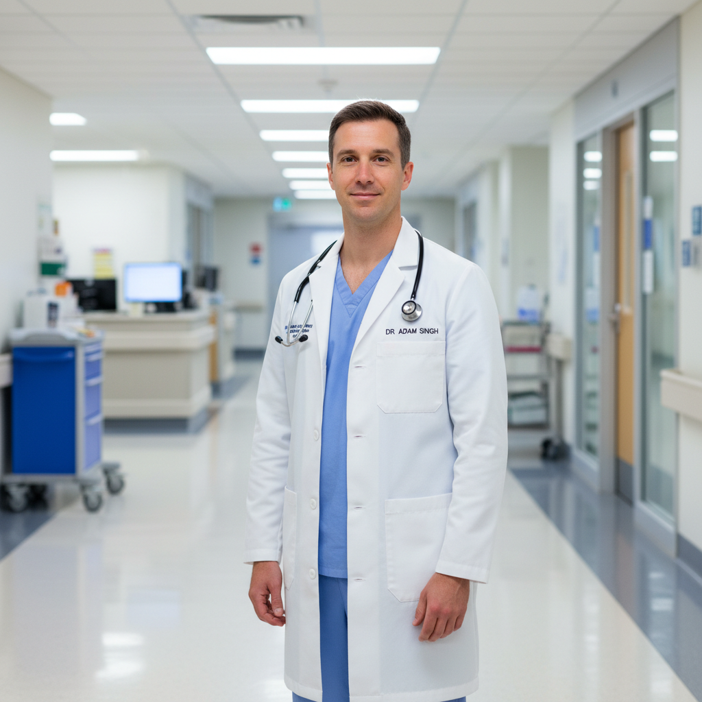 Male medical professional in blue scrubs standing in clinical environment, approachable professional expression, hospital corridor background