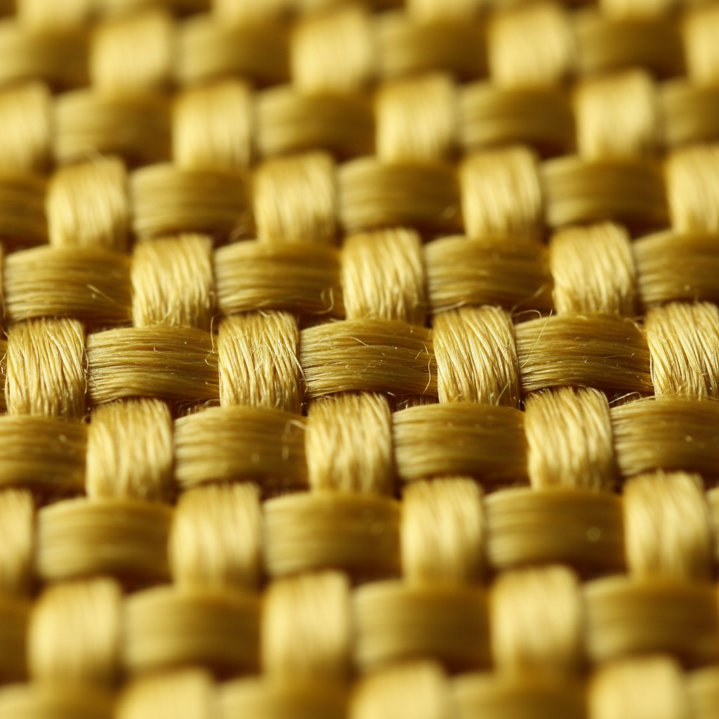 Yellow aramid fiber threads close up showing high-strength technical textile