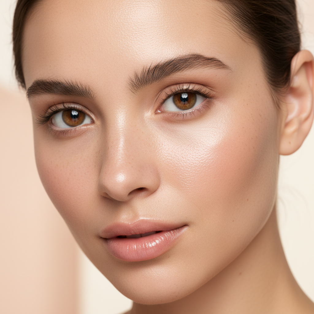 Woman with clear glowing skin, close-up portrait under ring light, day thirty result