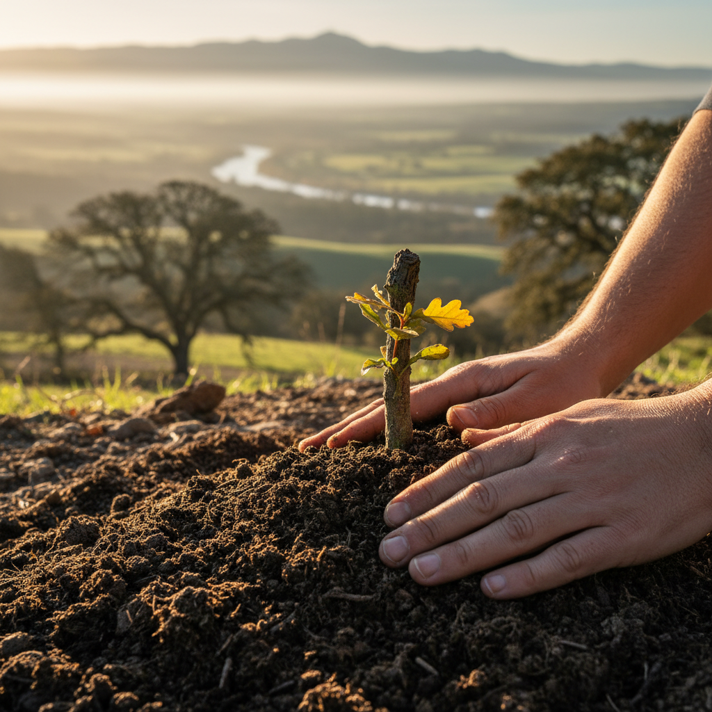 Hands pressing soil around a specimen oak — intimate scale against vast landscape, morning light, high contrast