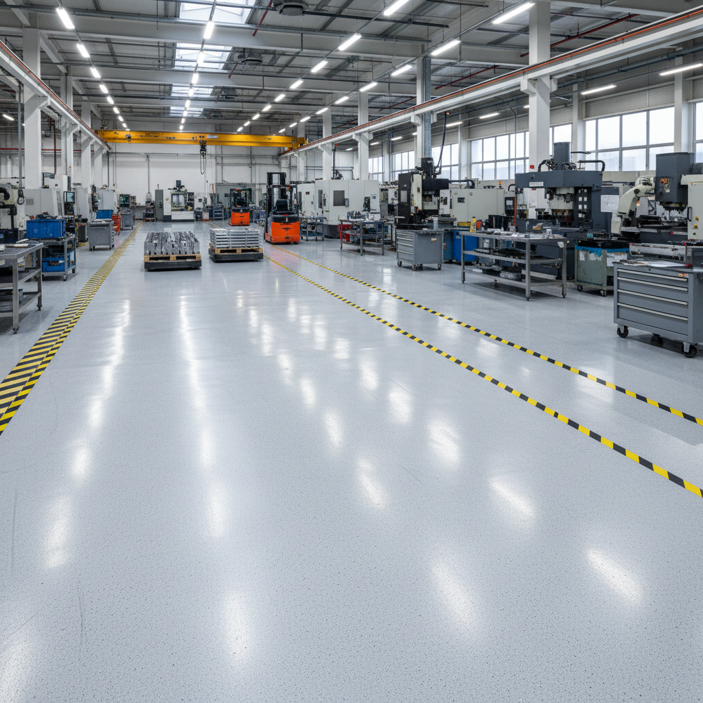 Large industrial warehouse with seamless gray epoxy floor, bright overhead lighting, heavy-duty floor for forklift traffic