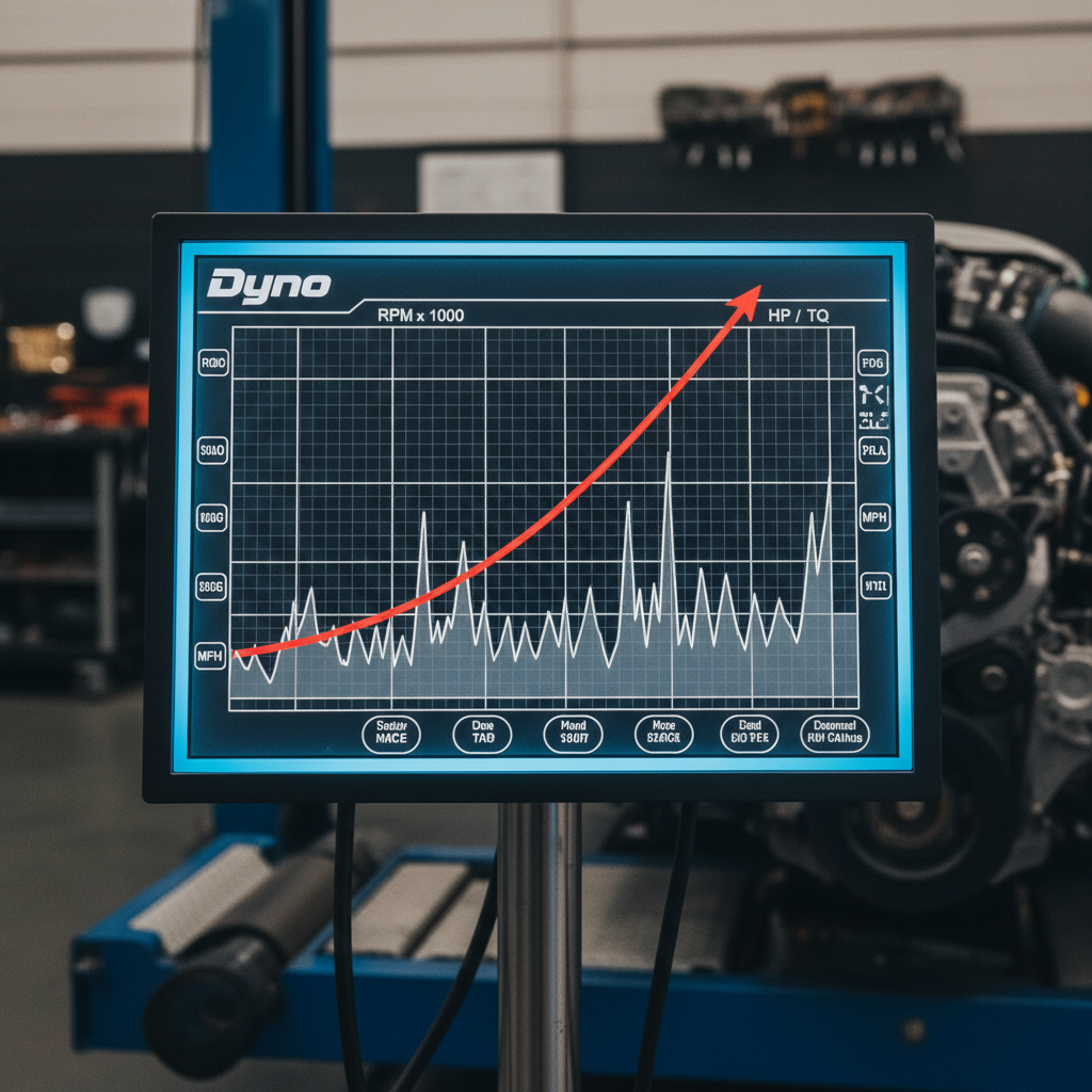 Dyno screen showing red power curve climbing against grey stock baseline