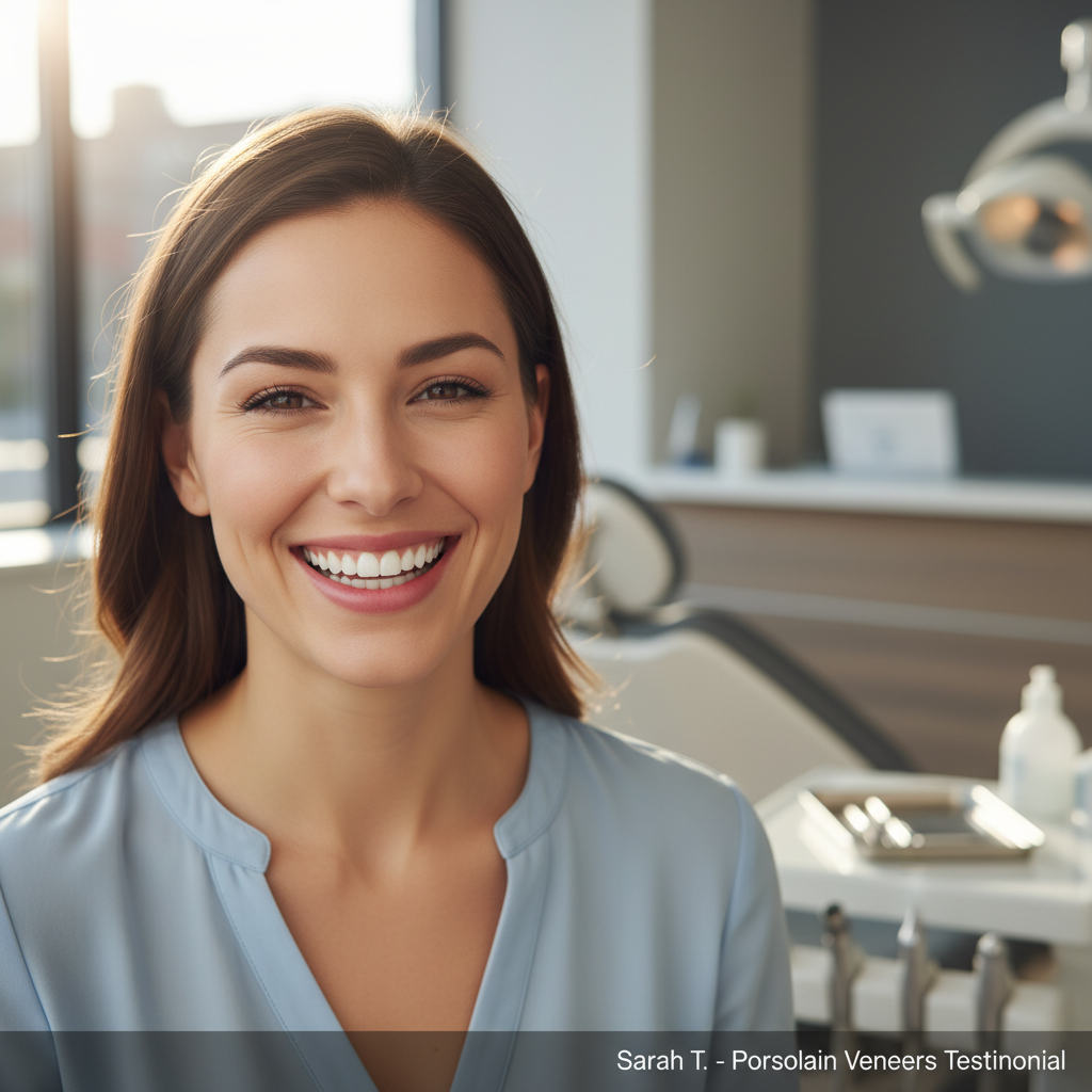 Smiling woman with bright teeth after dental treatment