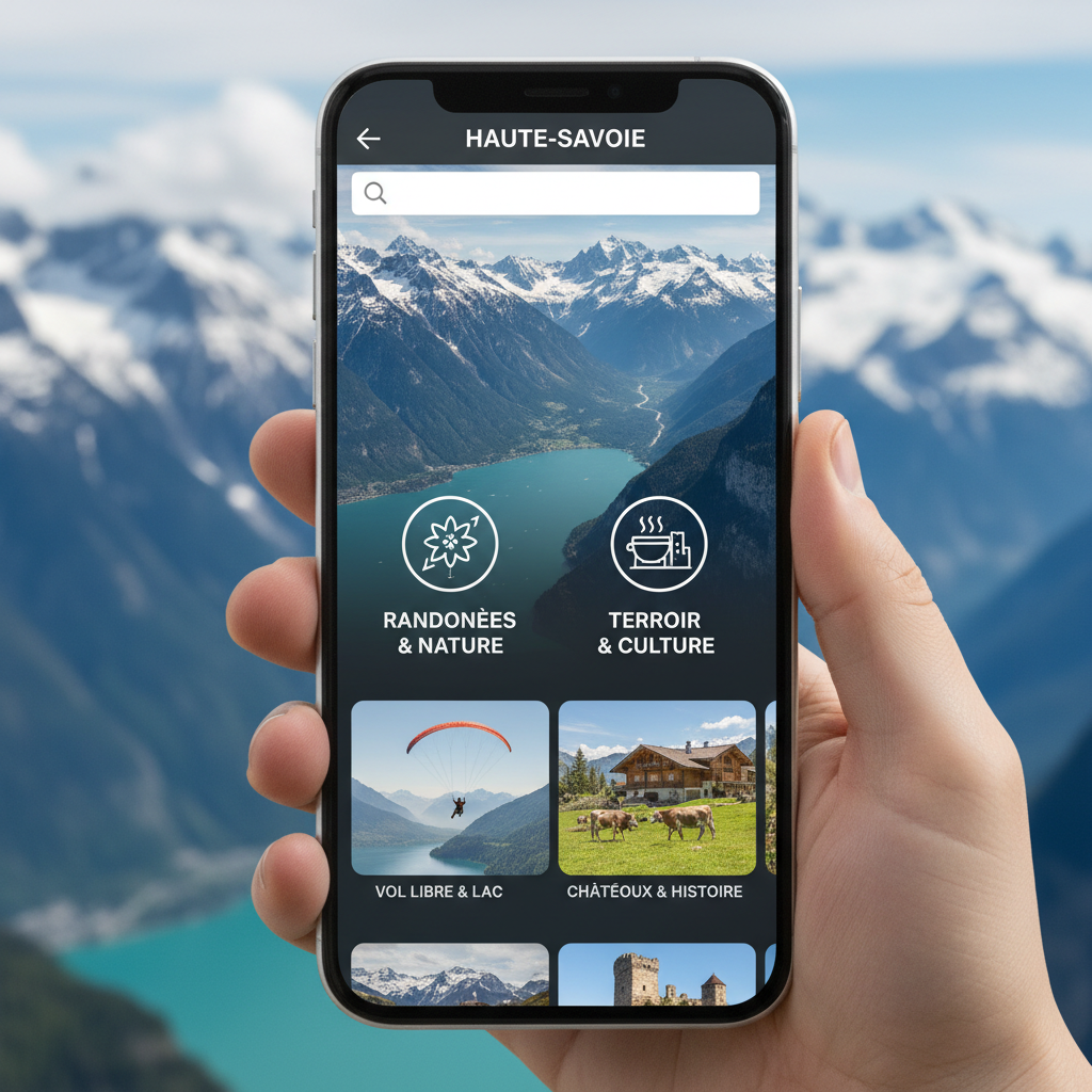Travel discovery app on smartphone showing map interface with location pins, photographed outdoors with bright sky and natural landscape