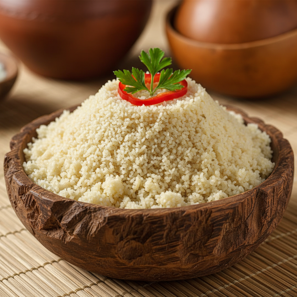 Handmade ceramic bowl filled with attieke, each grain of fermented cassava visible, set on a dark wooden surface with a single dried pepper beside it