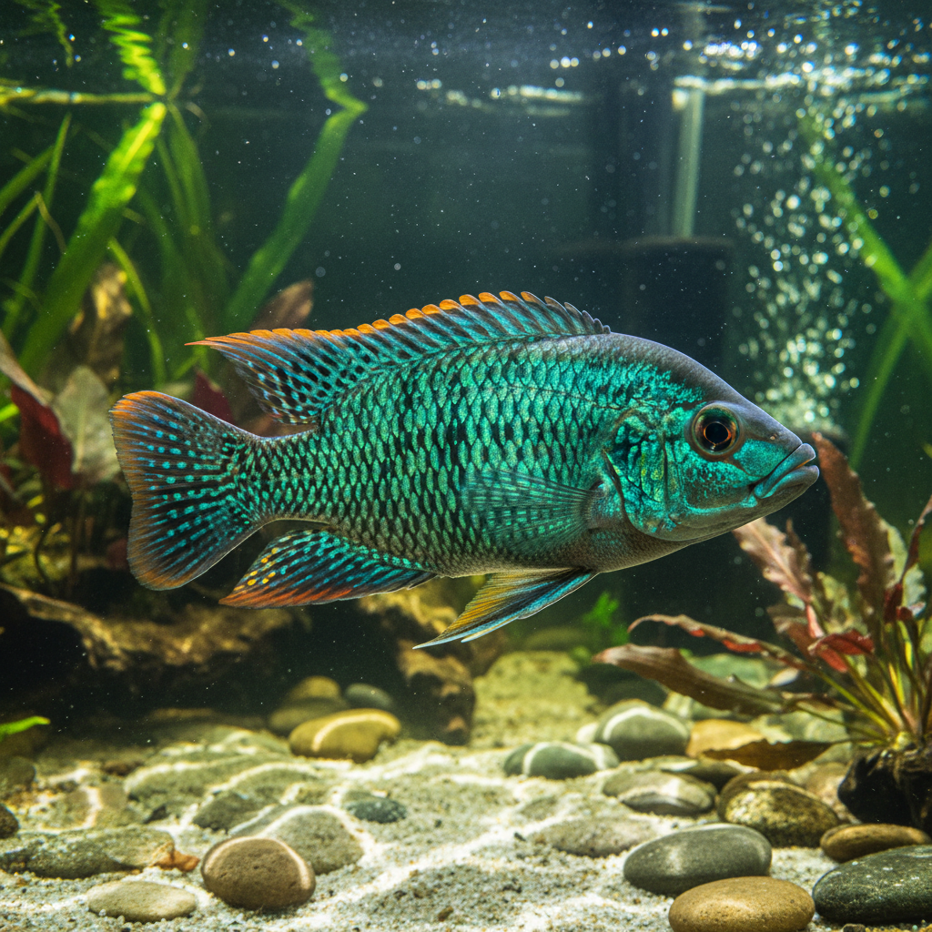 Iridescent green and blue terror cichlid with orange-edged fins in large aquarium