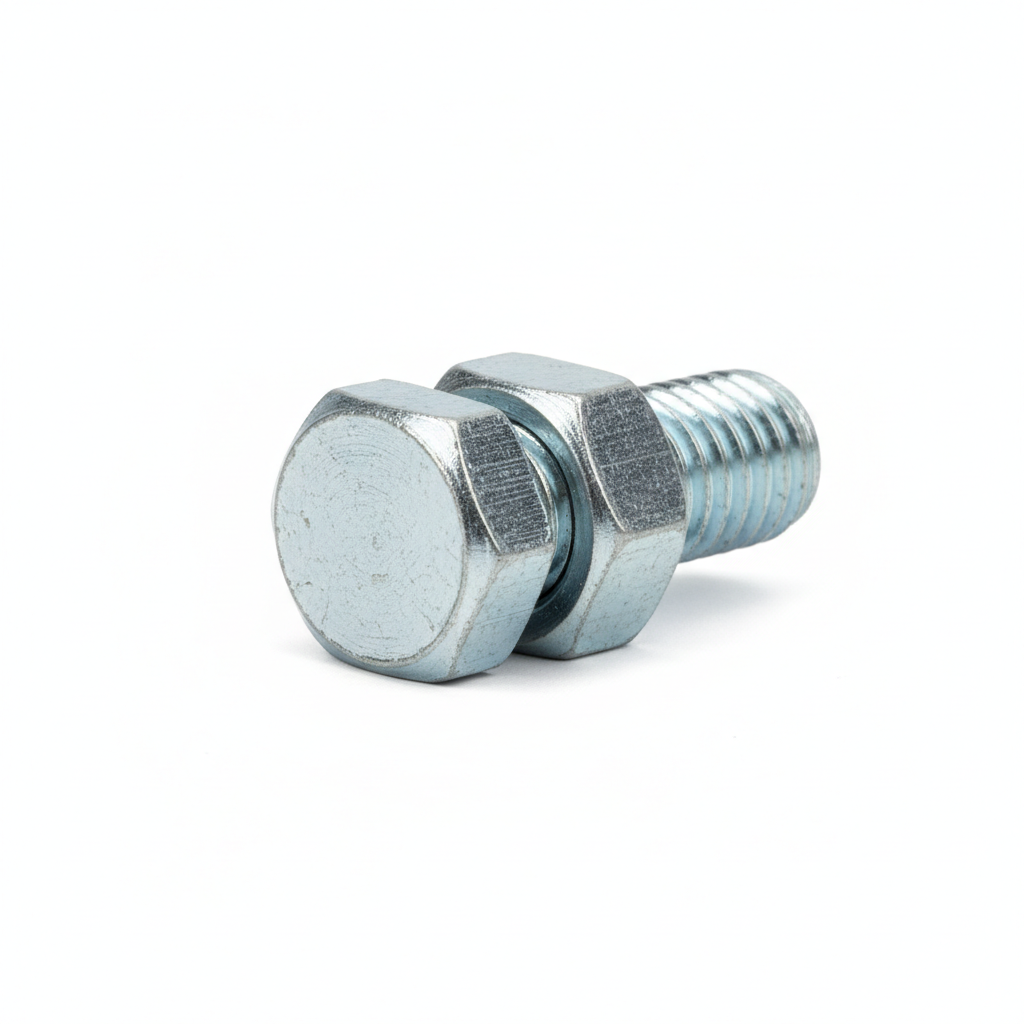 Industrial M12 hex bolts and nuts spread on dark steel surface with sharp metallic detail