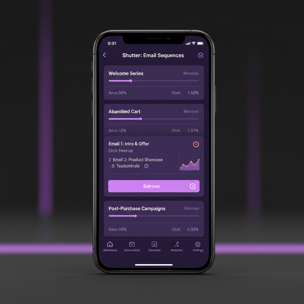 Shutter app on iPhone showing email sequence dashboard with violet UI in dark mode