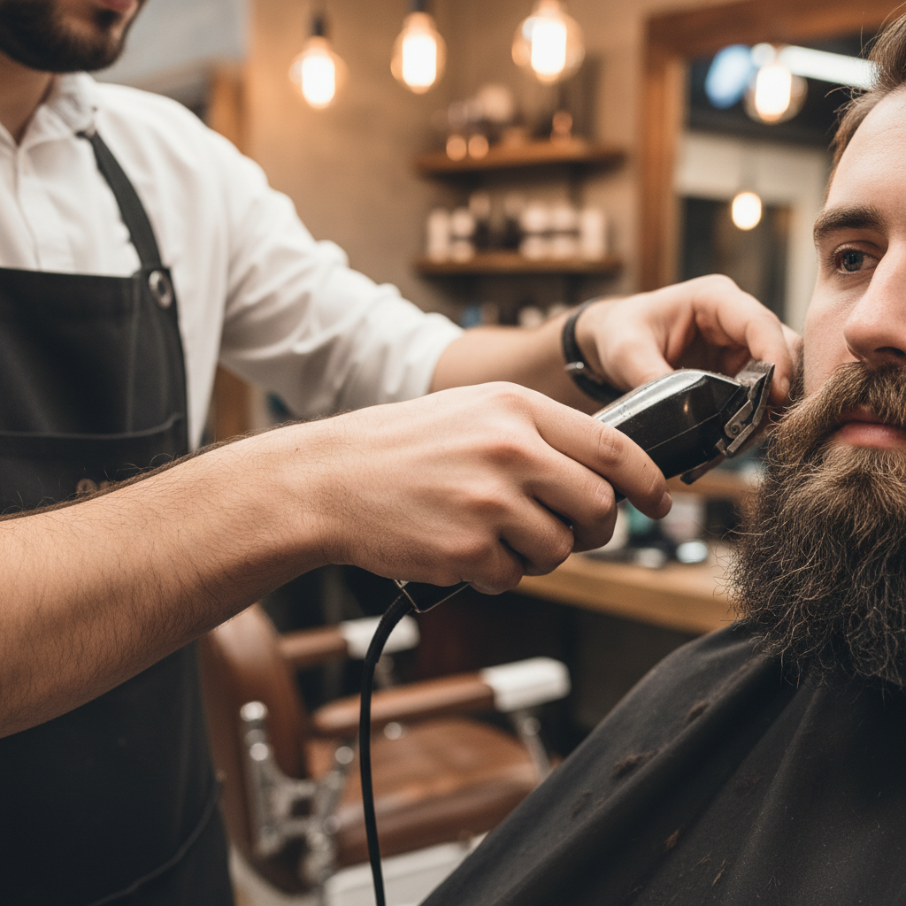 Barber shaping a full beard with a trimmer under warm light
