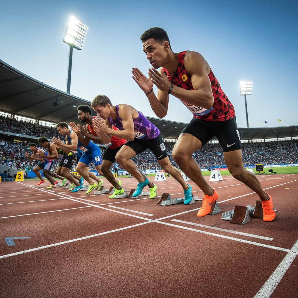 Runners at starting blocks in lane positions before a sprint race