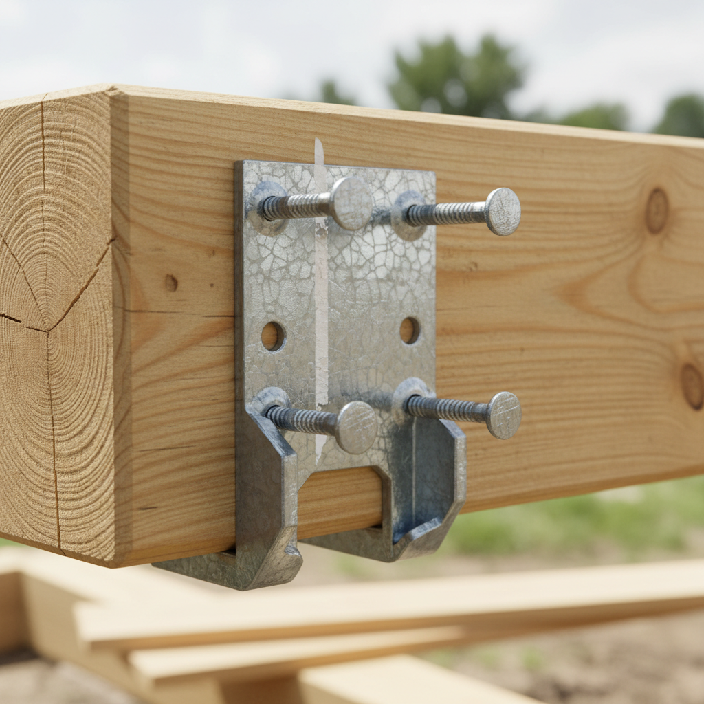 Close-up of galvanized joist hanger hardware mounted on fresh lumber