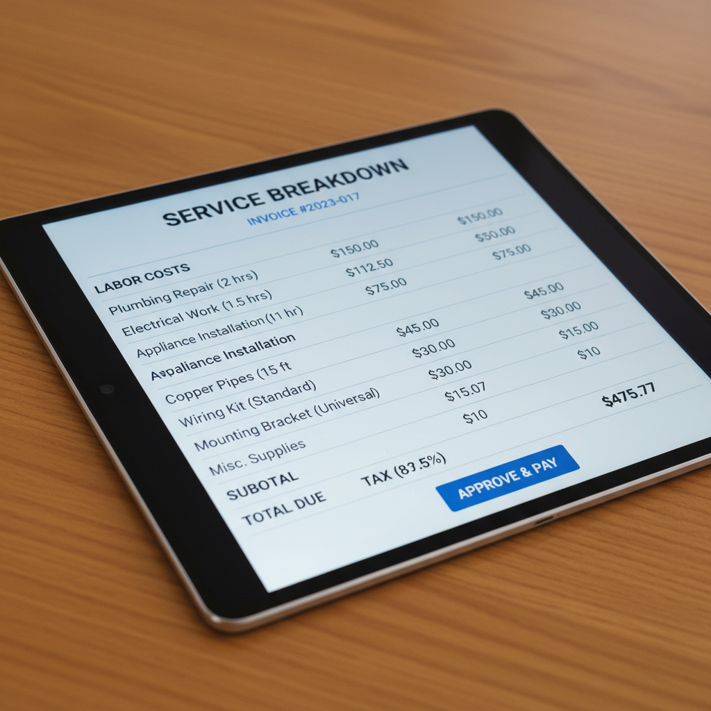 Technician showing tablet invoice to client with itemized costs in Kenyan shillings